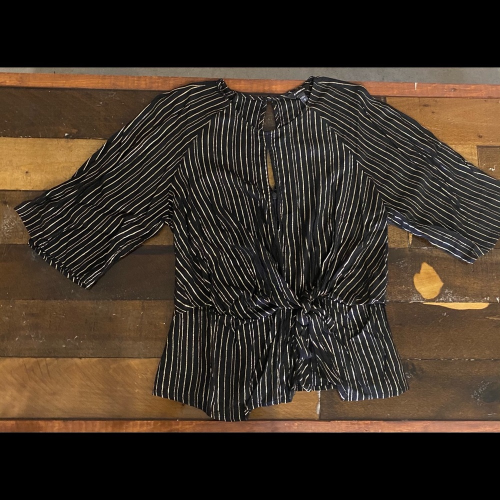 Express Striped Metallic Puff Sleeve Front Tie Top